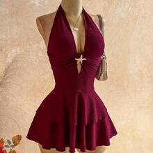 WYWH Women's Solid Color Halter Metal Decor Fashion Date Party Mini Dress - amarillo ganso - Ver 6