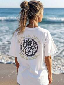 Edición Limitada: Camiseta de Punto para Mujer, Blanca, Casual, de Manga Corta, Cuello Redondo, Hombros Caídos, con Diseño Floral, de Algodón Ligero - Blanco - Ver 7