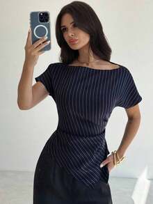 Blusa asimétrica casual y elegante a cuadros, adecuada para ir al trabajo, uso casual diario y vestimenta de negocios de moda para mujer / Vuelta al colegio / Profesora / Blusas para salir / Blusas para salir / Mujer de negocios casual / Camisa a - Azul marino - Ver 1