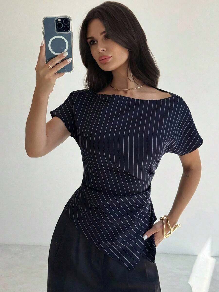 Blusa asimétrica casual y elegante a cuadros, adecuada para ir al trabajo, uso casual diario y vestimenta de negocios de moda para mujer / Vuelta al colegio / Profesora / Blusas para salir / Blusas para salir / Mujer de negocios casual / Camisa a - Azul marino - Ver 1