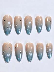 24 piezas de uñas postizas de almendra azul degradado con cobertura completa, brillantes, uñas falsas con corazón y estrella de strass, puntas de uñas falsas reutilizables - Multicolor - Ver 7
