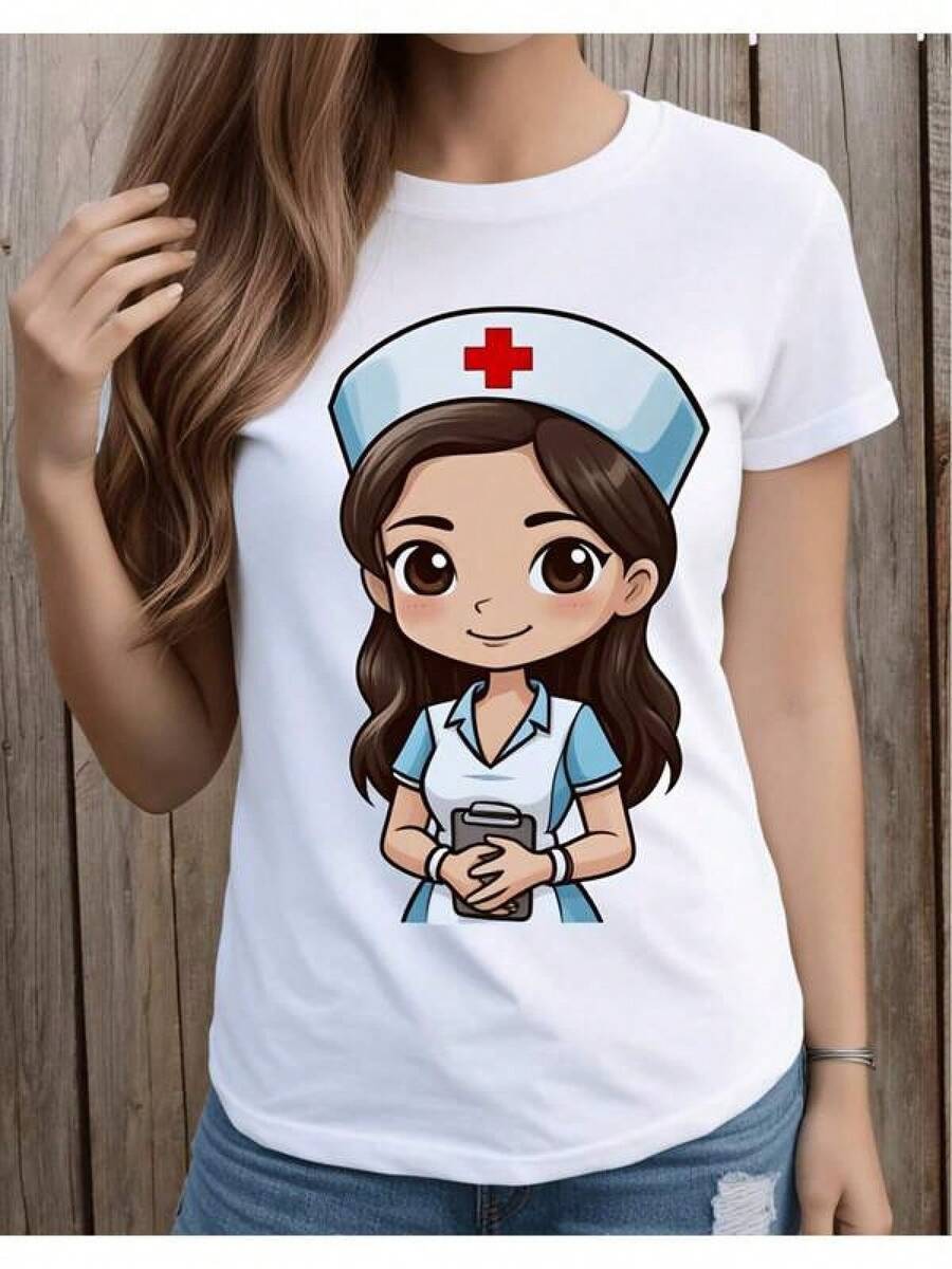 Camiseta de Mujer con Estampado de Dibujos Animados de Enfermera, Estilo Casual para Trabajadores Médicos y Profesionales de la Salud, Camiseta 2D de Mujer, Diseño Casual Holgado, Ligeramente Extendida - Negro - Ver 1