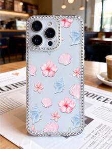 1pc Tropical Island Girl Style Transparent Rhinestone Bumper TPU Soft Phone Case, Full-Body Shockproof Protection, Hibiscus Shell Print For IPhone Series - Clear - View 2