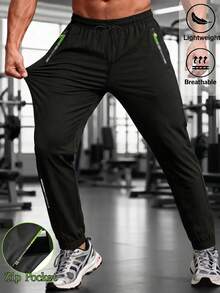 Pantalones deportivos con cordón para hombres, pantalones ligeros y elásticos con bolsillos con cremallera, adecuados para deportes, fitness, baloncesto, fútbol, pantalones deportivos casuales, estampado de moda - Negro - Ver 3