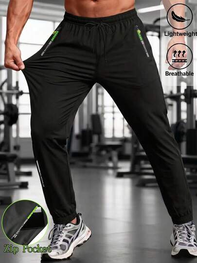 Pantalones deportivos con cordón para hombres, pantalones ligeros y elásticos con bolsillos con cremallera, adecuados para deportes, fitness, baloncesto, fútbol, pantalones deportivos casuales, estampado de moda