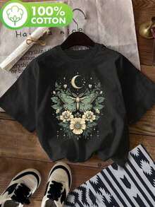 Women's Casual Short Sleeve Crew Neck T-Shirt - Butterfly And Flower Print With Crescent Moon And Stars, Loose Fit, Washable, Spring And Summer Top, Breathable Clothing, Nature-Inspired Print, Comfortable Fabric, Cotton KTJE - 黑色 - 查看 7