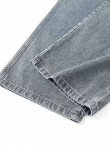 American Retro Von Letter Print Light Blue Jeans, High-Street Loose Straight Leg, Distressed Wash, Versatile Wide-Leg Pants For Everyday Commuting And Casual Wear. - 藍色 - 查看 6