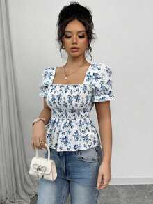 Blusa de mujer con estampado floral diminuto, mangas abullonadas y dobladillo con volantes - Azul - Ver 5