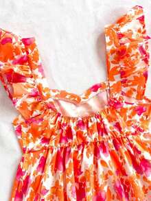 Blusa de corte de línea A con cuello cuadrado, manga corta y estampado retro azul y blanco, adecuada para fiestas, citas, el Día de San Valentín, el té de la tarde - Naranja - Ver 4