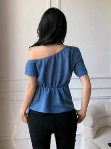 Blusa casual elegante de hombros con nudo, de corte slim para mujeres - Azul 2 - Ver 2