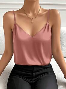 Camiseta de tirantes de unicolor, de estilo minimalista y casual para mujer - Rosa - Ver 5