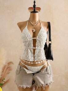 Bellisia Top de bikini de mujer de punto texturizado marrón con cuentas y piedras - Multicolor - Ver 1