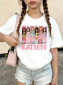 Summer Fashion Girls' Short-Sleeve T-Shirt,Katseye Style Dolls Print Patterned Print Casual Versatile TopPlayera Blanca Hombre Y Mujer Blusas Casuales Verano Y2k Playeras Basicas Algodón - Blanco - Ver 8