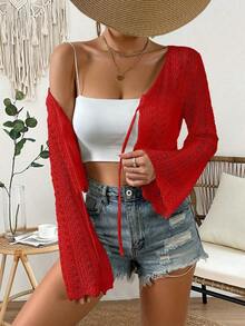 Cárdigan de punto calado de color liso casual para vacaciones - Rojo - Ver 5