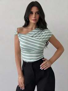 Camiseta blanca ajustada con hombro asimétrico, cintura fruncida, para mujer.Atuendo modesto y elegante para uso diario, playa, aeropuerto, vacaciones, trabajo como maestra. - Verde - Ver 9