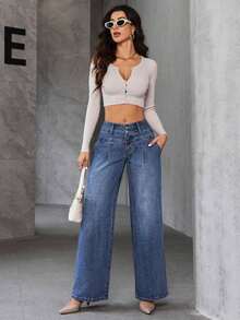 Jeans holgados y casuales con vuelo y bolsillos para mujer - Azul - Ver 4