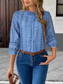 Blusa de mujer con botones, bordados y encaje de algodón estilo francés - Celeste - Ver 6