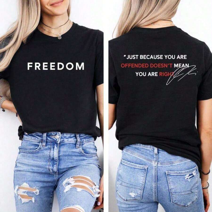 Camisetas Premium Casuales Unisex Bonitas [100% Algodón] Camiseta 'Justicia Para, Libertad', Frases de Charlie, Solo Porque Estás Ofendido No Significa Que Tengas Derecho, Camiseta Patriótica de EE.UU. - Ropa Diaria Unisex para Mujeres y Hombres para Festivales - Negro - Ver 1