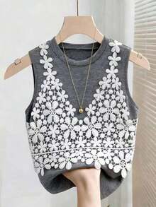 Top elegante de tirantes sin mangas de cuello redondo con contraste de color para mujer, verano - Gris - Ver 7