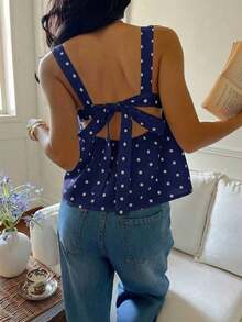 Camiseta sin mangas con volantes y estampado de lunares para vacaciones - Azul - Ver 2