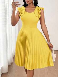 Vestido mini de fiesta con estampado floral y pliegues a la moda para mujer - Amarillo - Ver 3
