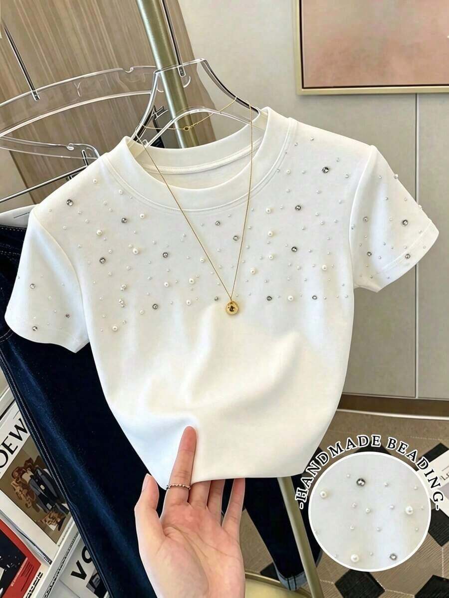 Camiseta de manga corta ajustada con estampado digital de frutas de moda y versátil para mujer, camiseta estampada con flores de cerezo, camiseta de cereza, camiseta de frutas - Blanco 4 - Ver 1