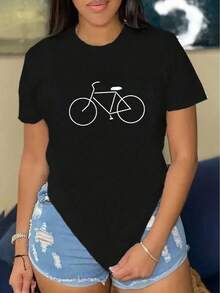 Camiseta Mujer Bicicleta Estampada Primavera Verano Casual Suelta Cuello Redondo Manga Corta[COD] - Negro - Ver 8