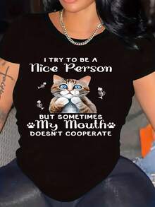 Playera estampada de gato de talla grande, top casual de manga corta y cuello redondo para primavera y verano, ropa de talla grande para Mujer - Negro - Ver 6