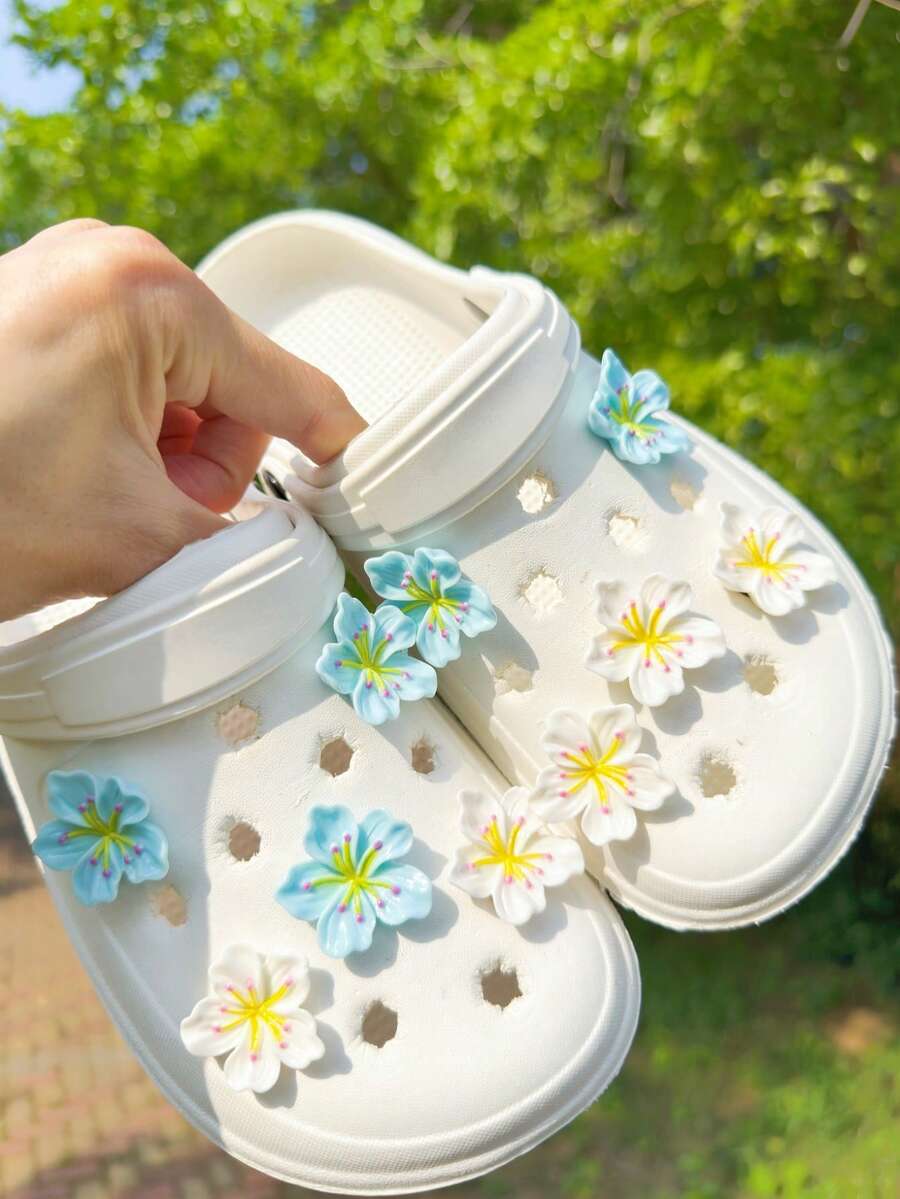 10件DIY鞋飾配件,藍色桃花與白色桃花花卉裝飾,適用於沙灘鞋、涼鞋、鏤空木屐,可拆卸鞋扣,節日禮物 - 彩色 - 查看 1