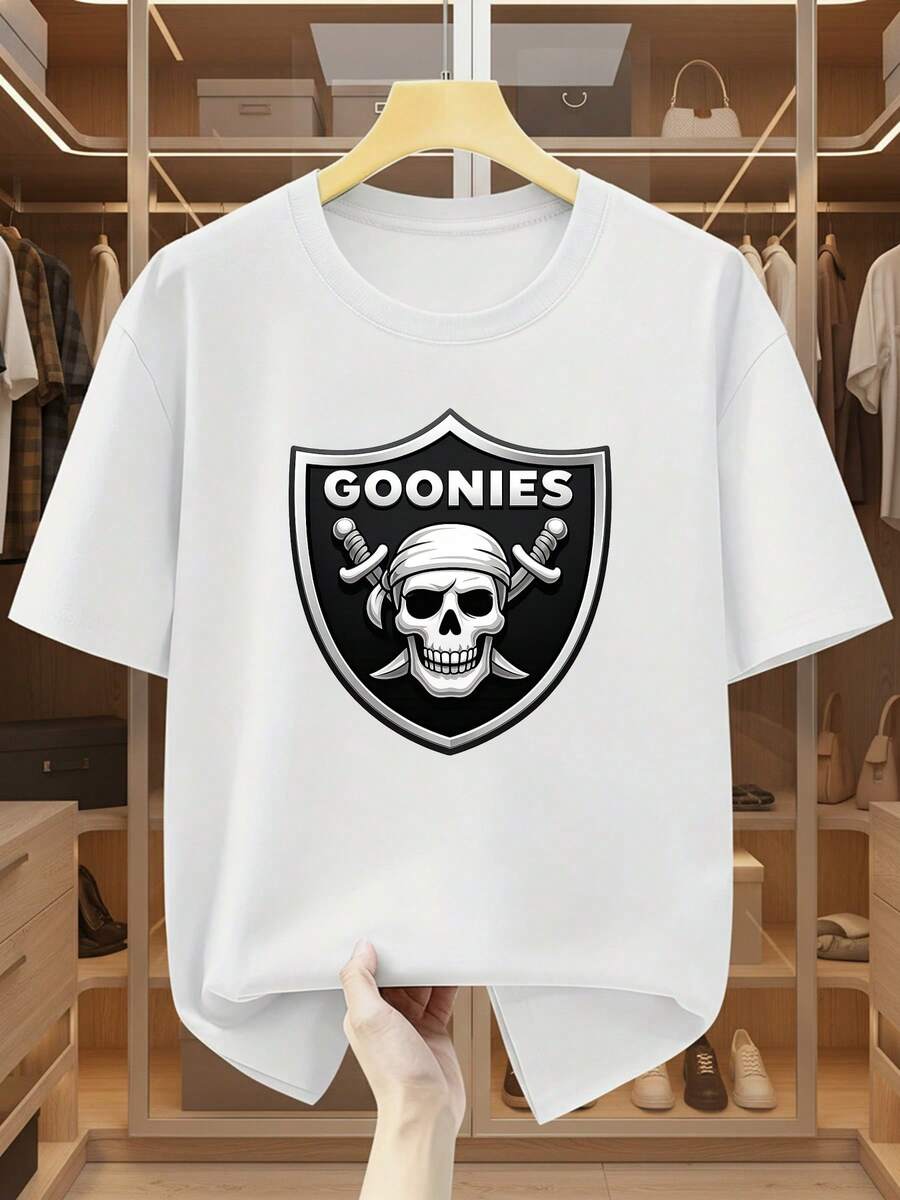 Camisetas de talla grande para hombre, 100% algodón, con estampado de calavera y escudo, cuello redondo, manga corta, con la inscripción GOONIES, estilo pirata, camiseta cómoda e informal de manga corta para el verano. - Blanco - Ver 1