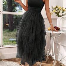 Raffinéa Women's Solid Color Mesh Panel Strapless Dress Maxi Women Outfit - Marrón - Ver 4