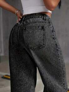 Jeans de pierna ancha con adornos de strass con estampado de estrellas, casuales para primavera - Negro - Ver 5
