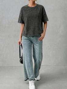 Camiseta holgada de estilo minimalista casual para mujer, con parte delantera corta y parte trasera larga, versátil para usar en la calle, adecuada para primavera y verano - Multicolor 2 - Ver 3