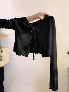 Vestido camisero con adorno de encaje, blusa de punto transparente de manga larga como cubridor para mujeres, para el verano - Negro - Ver 7