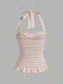 Avant Conjunto de camiseta sin espalda con cuello halter de estilo romántico de vacaciones con lunares y cuadros para mujer - Rosa - Ver 6