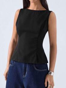 2026 Nueva Camiseta de Tirantes Ajustada de Cuello Redondo a Rayas de Color Albaricoque Minimalista, Adecuada para Trabajo/Casual de Negocios/Oficina, Top de Moda para Mujer - Negro 2 - Ver 3