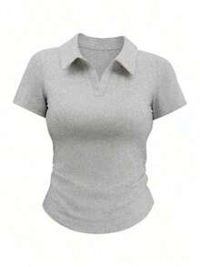 Camiseta de manga corta minimalista de unicolor para mujer, uso casual de todos los días - Gris - Ver 7