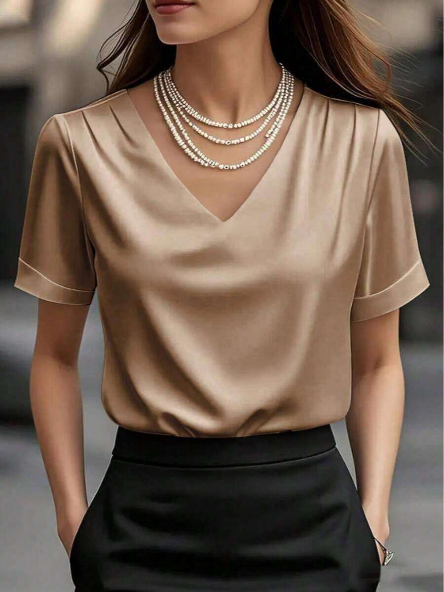 1 pieza Blusa de mujer de unicolor de satén con cuello en V y manga corta, elegante y de moda para uso diario, oficina, hogar, citas, primavera/verano, color negro casual - Caqui - Ver 1