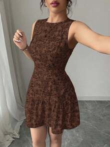 Vestido mini bohemio elegante francés con estampado floral sin mangas y cinturón para mujer, atuendo de graduación para primavera/verano - Marrón Mocha - Ver 6
