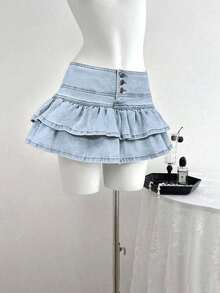 Falda de mezclilla de moda para mujer con diseño de cintura con botones y dobladillo con doble volante - Lavado ligero - Ver 6