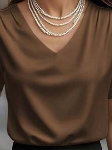 1 pieza Blusa de mujer de unicolor de satén con cuello en V y manga corta, elegante y de moda para uso diario, oficina, hogar, citas, primavera/verano, color negro casual - Marron oscuro - Ver 3