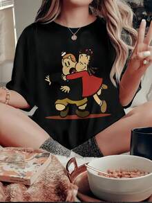 Y2K Women's Stylish T-Shirt With Cartoon Print, Short Sleeves, And A Round Neck, Suitable For All Seasons. | Fashionable Casual Wear |  Letter Print Shirt, A Very Distinctive Design / Unisex Style / Suitable For Both Men And Women / Wrinkle-Resistant / Breathable. - 黑色 - 查看 12