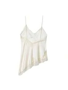 Camiseta de tirantes de mujer con parches de encaje y bajo asimétrico, versátil para citas y fiestas, de verano - Beige F2 - Ver 4