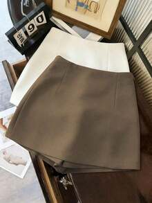 Pantalones cortos/falda/culotte/shorts de mujer de tela suave y texturizada de cintura alta con abertura, de uso versátil y casual, para primavera/otoño - Marrón Mocha - Ver 2