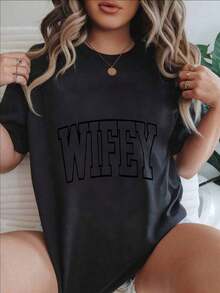 Women's Casual Short Sleeve T-Shirt - Grayish Black Text Outline On White T-Shirt, Round Neck, Summer Top, Machine Washable, Ladies' T-Shirts, Casual Wear, Modern Style, Comfortable Fit

-White - 黑色 - 查看 1