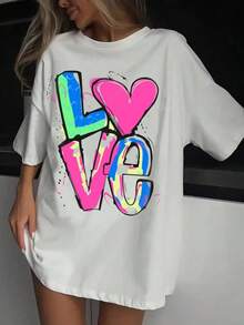 Elegante camiseta casual de manga corta y cuello redondo para mujer.Impresión de graffiti de amor colorido.Patrones creativos.Lindo y a la moda.Top estampado.Uso diario.Camiseta de moda elegante y chic - Blanco - Ver 1