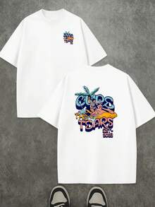 Camiseta de manga corta con cuello redondo para hombre de talla grande, estampado de letras estilo retro americano para exteriores, estilo casual y moderno, modelo básico versátil, tallas 1XL-6XL. - Blanco - Ver 1