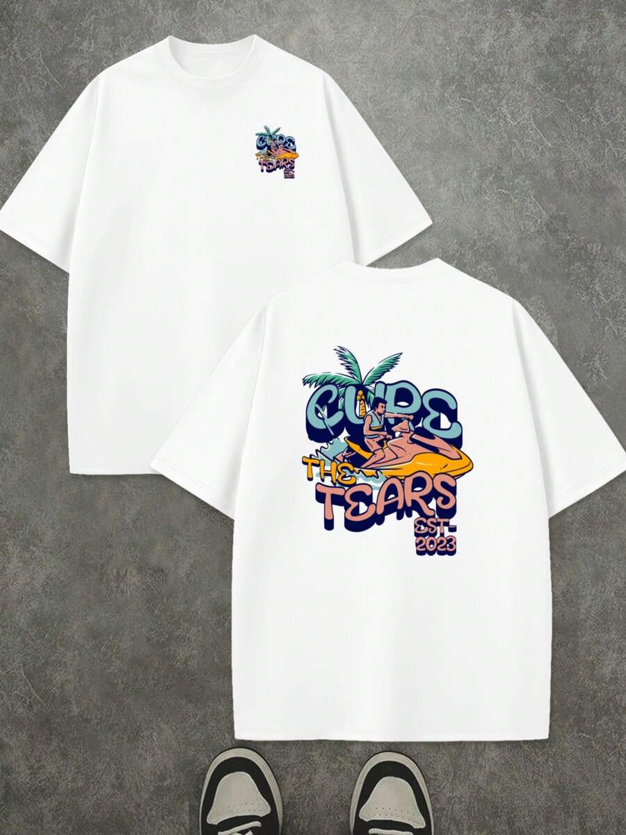 Camiseta de manga corta con cuello redondo para hombre de talla grande, estampado de letras estilo retro americano para exteriores, estilo casual y moderno, modelo básico versátil, tallas 1XL-6XL. - Blanco - Ver 1