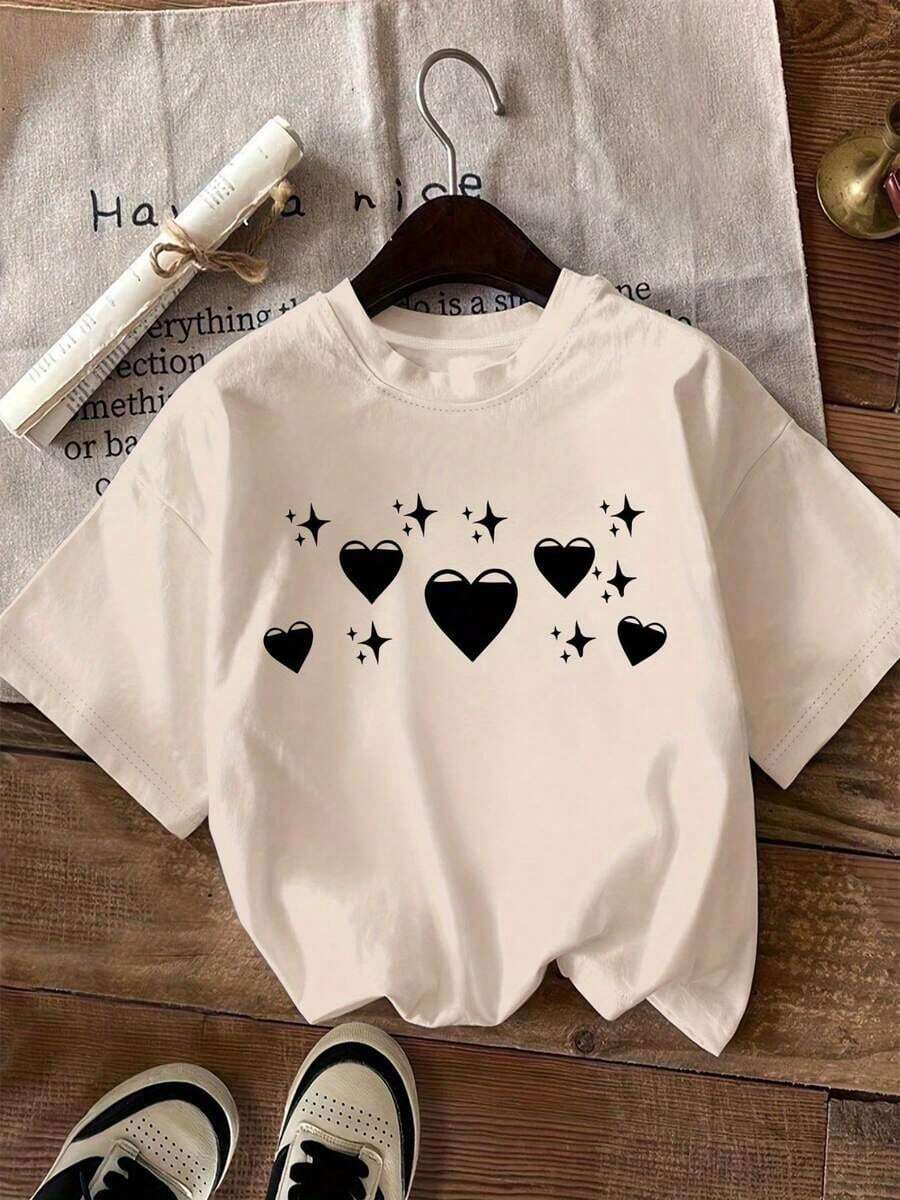 Camiseta con Estampado de Corazón y Estrella - Unisex, Corte Holgado - Camiseta de Algodón Cómoda de Estilo Vintage Urbano - Albaricoque - Ver 1