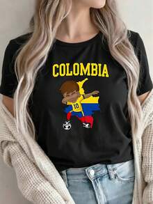Limited Edition Women's T-Shirt, Colombian Football Fan - Yellow, Comfortable, Crew Neck, Casual Style, With Colombian Flag Print, Machine Washable, Polyester T-Shirt Suitable For Daily Wear And Football Apparel, Lightweight Cotton - 黑色 - 查看 12